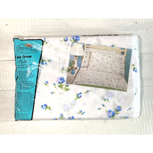 Vintage 1970s NOS Twin Flat Sheet Fruit Of The Loom Muslin Blue Rose Flower - Picture 8 of 12